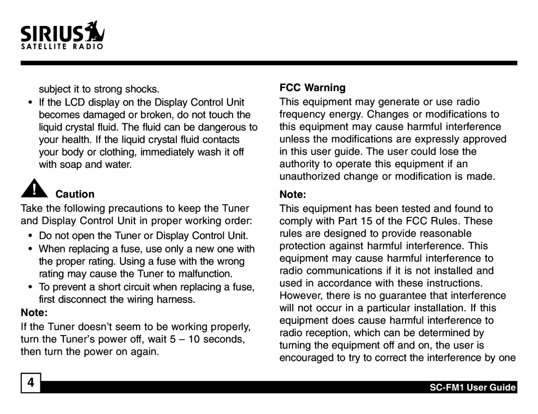 Sirius Satellite Radio SC-FM1 manual FCC Warning 