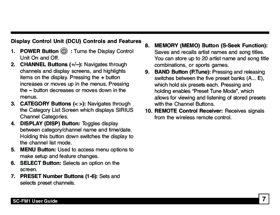 Sirius Satellite Radio SC-FM1 manual Display Control Unit DCU Controls and Features 