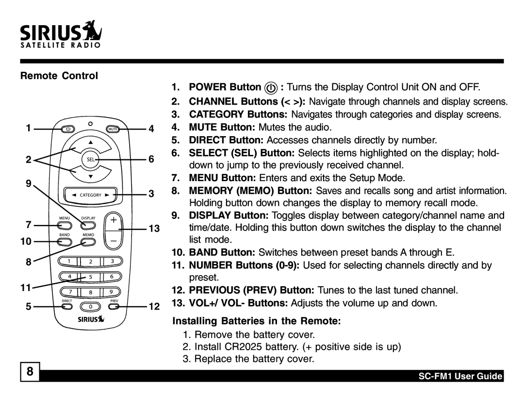 Sirius Satellite Radio SC-FM1 manual Remote Control, Mute Button Mutes the audio, Installing Batteries in the Remote 