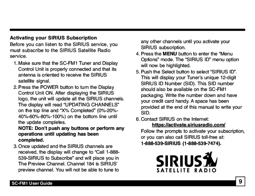 Sirius Satellite Radio SC-FM1 manual Activating your Sirius Subscription 