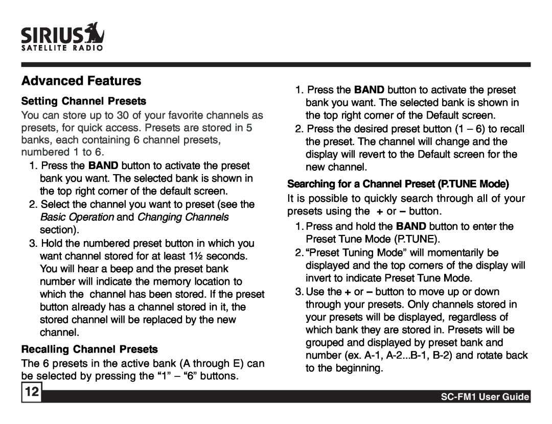 Sirius Satellite Radio SC-FM1 manual Advanced Features, Setting Channel Presets, Recalling Channel Presets 