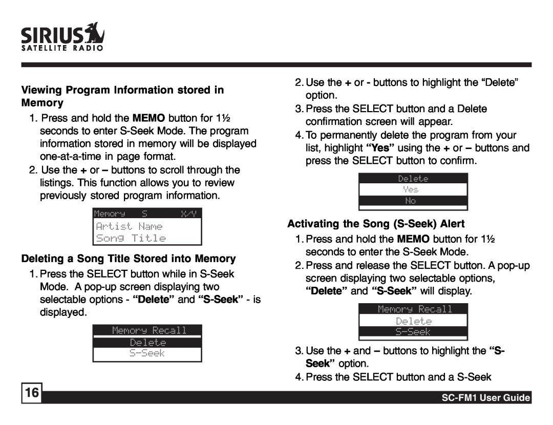Sirius Satellite Radio SC-FM1 manual Viewing Program Information stored in Memory, Deleting a Song Title Stored into Memory 