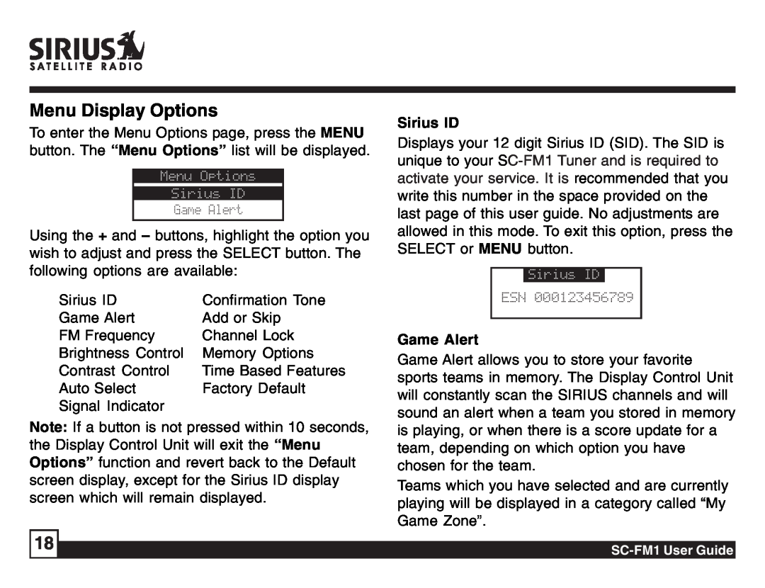 Sirius Satellite Radio SC-FM1 manual Menu Display Options, Sirius ID, Game Alert 