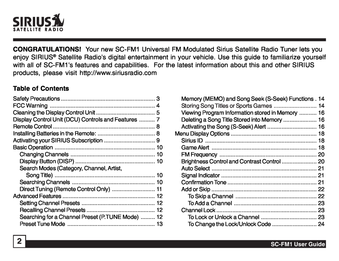 Sirius Satellite Radio SC-FM1 manual Table of Contents 