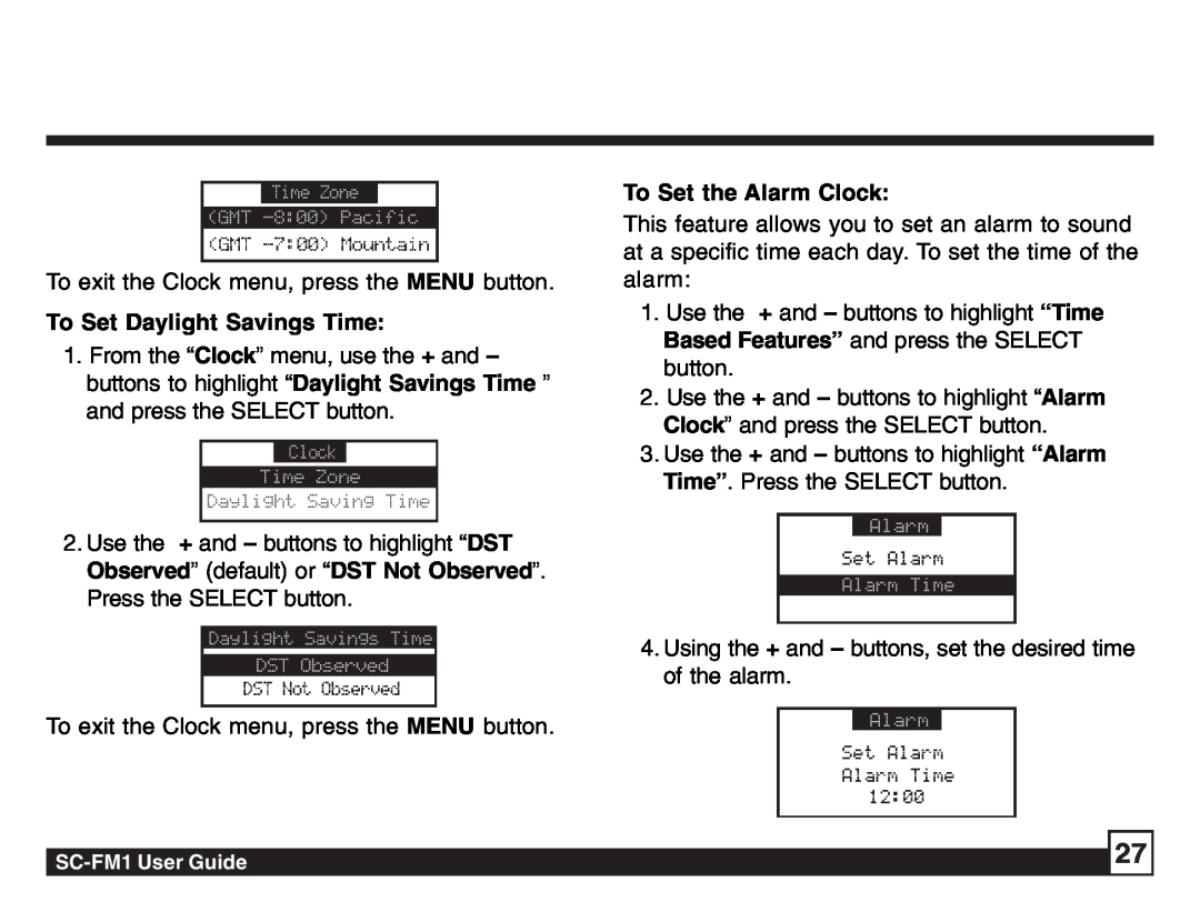 Sirius Satellite Radio SC-FM1 manual To Set Daylight Savings Time, To Set the Alarm Clock 