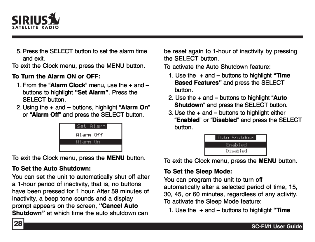 Sirius Satellite Radio SC-FM1 manual To Turn the Alarm ON or OFF, To Set the Auto Shutdown, To Set the Sleep Mode 