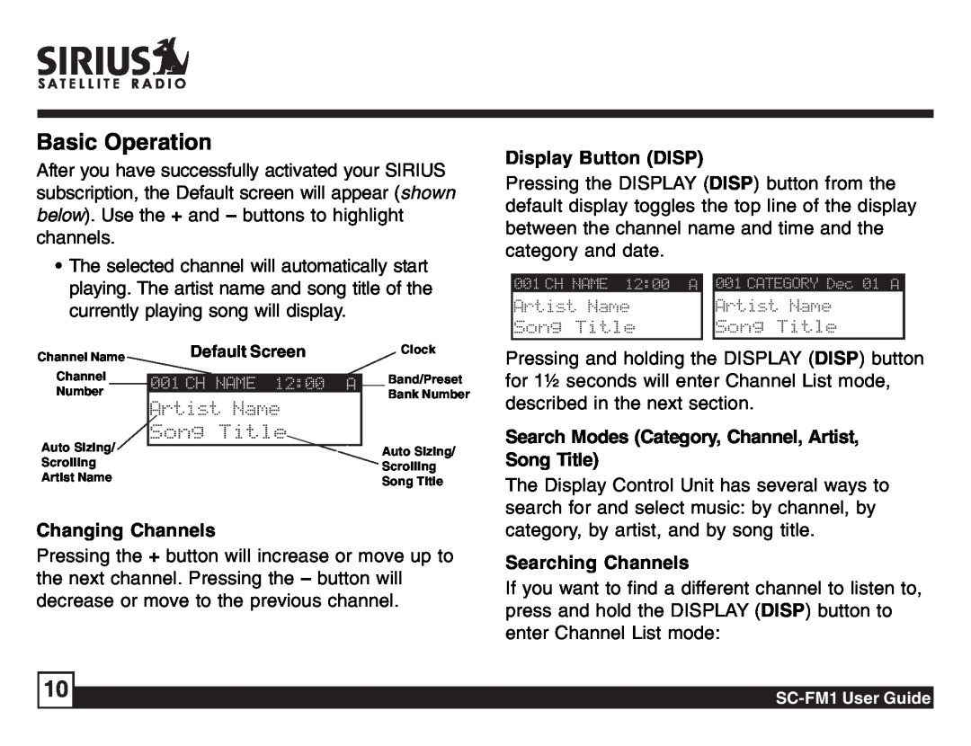 Sirius Satellite Radio SC-FM1 Basic Operation, Display Button DISP, Search Modes Category, Channel, Artist, Song Title 