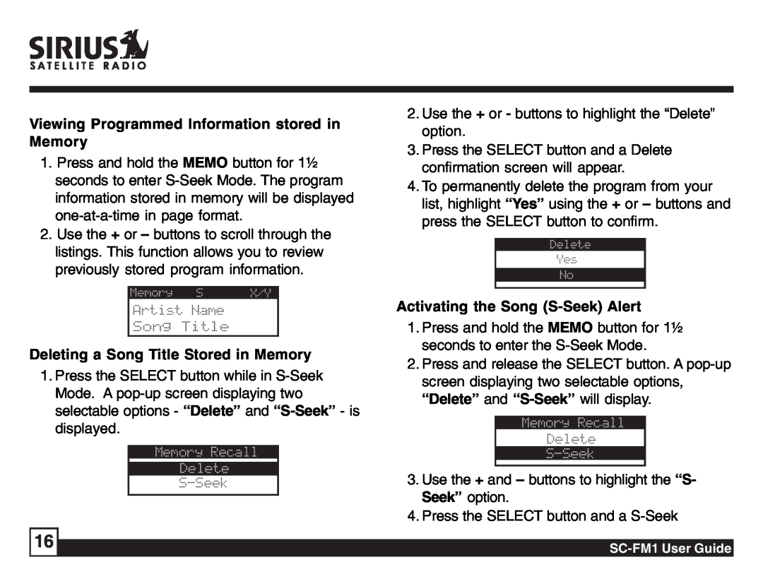 Sirius Satellite Radio SC-FM1 Viewing Programmed Information stored in Memory, Deleting a Song Title Stored in Memory 