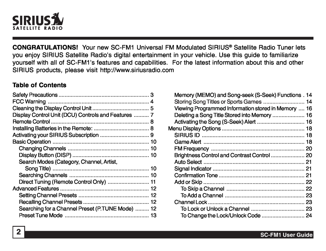 Sirius Satellite Radio SC-FM1 manual Table of Contents 