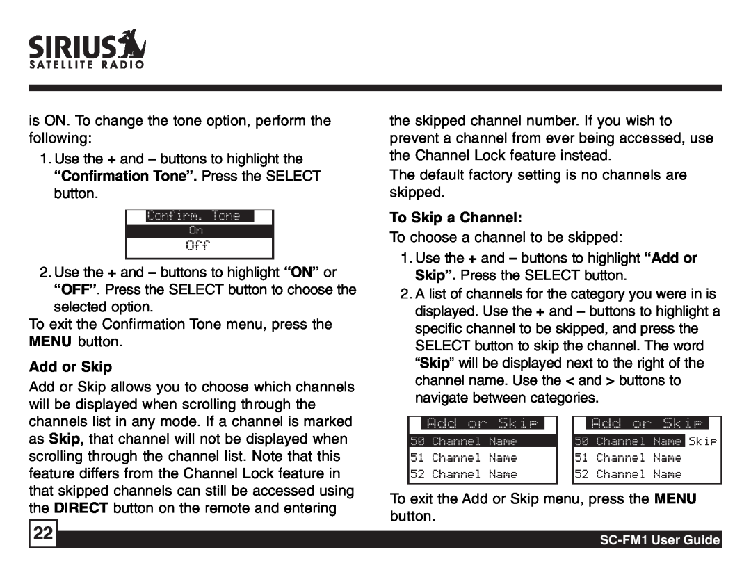 Sirius Satellite Radio SC-FM1 manual To Skip a Channel, Add or Skip, A list of channels for the category you were in is 