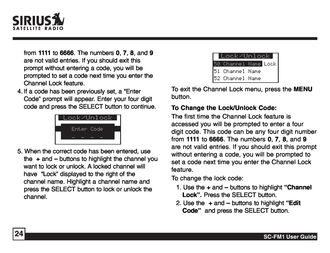 Sirius Satellite Radio SC-FM1 manual To Change the Lock/Unlock Code 