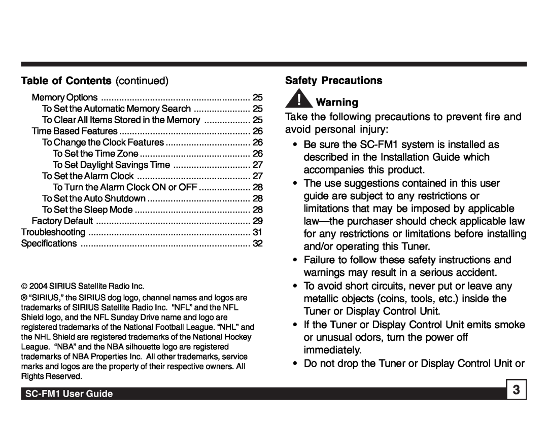 Sirius Satellite Radio SC-FM1 manual Table of Contents continued, Safety Precautions 