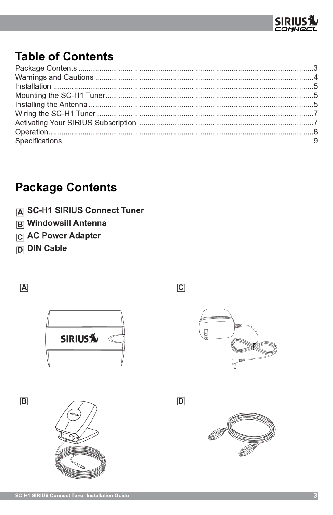 Sirius Satellite Radio SCH1 manual Table of Contents, Package Contents 