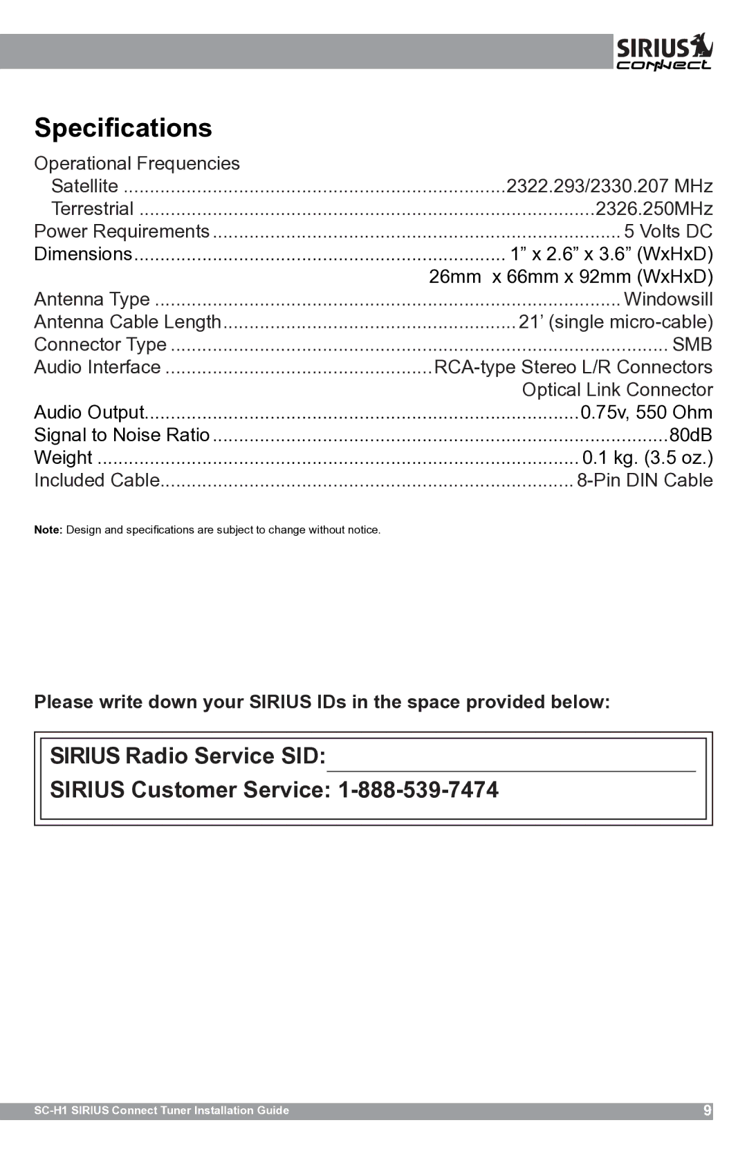 Sirius Satellite Radio SCH1 manual Specifications, Smb 