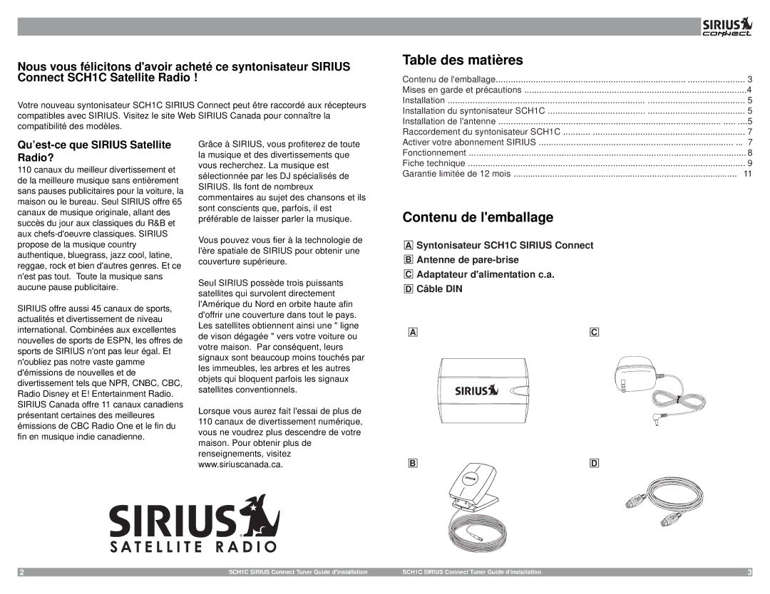 Sirius Satellite Radio SCH1C manual Table des matières, Contenu de lemballage 