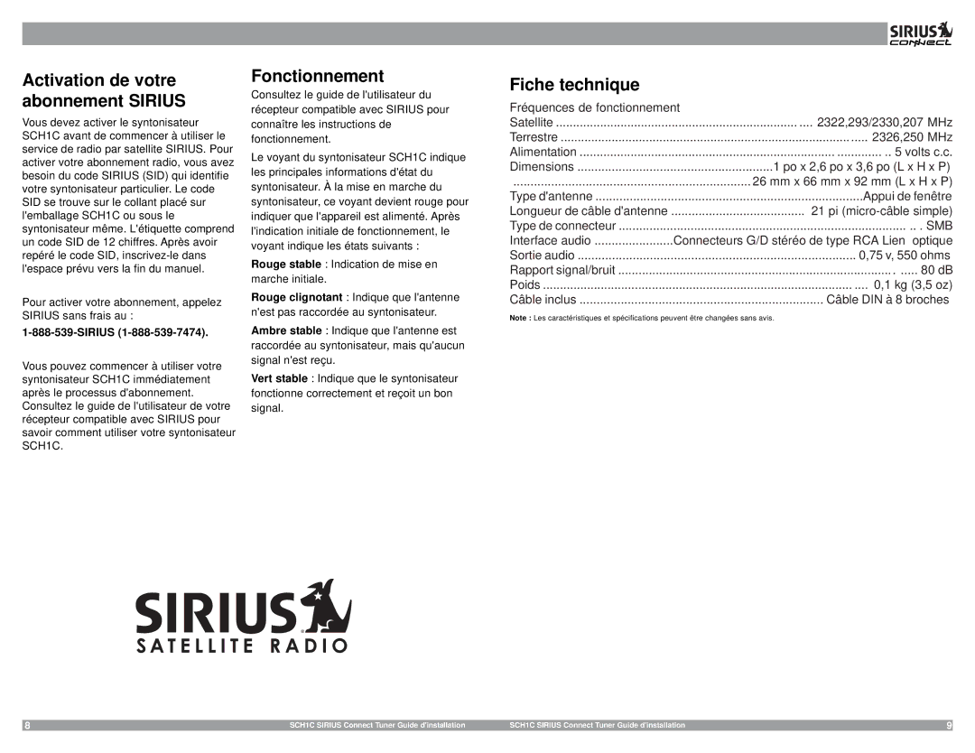 Sirius Satellite Radio SCH1C manual Fonctionnement, Fiche technique, Sirius 