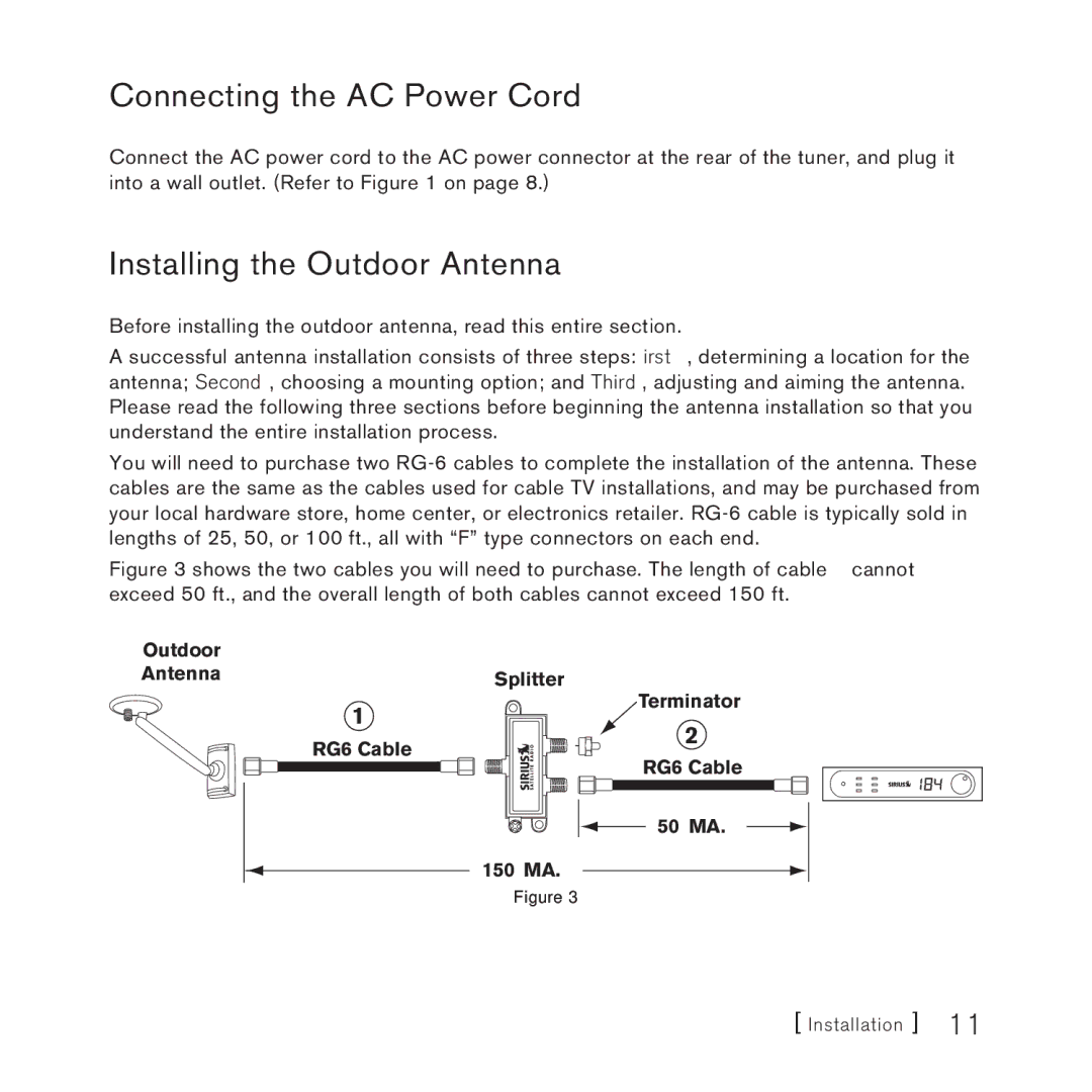 Sirius Satellite Radio SCH2P manual Connecting the AC Power Cord, Installing the Outdoor Antenna 