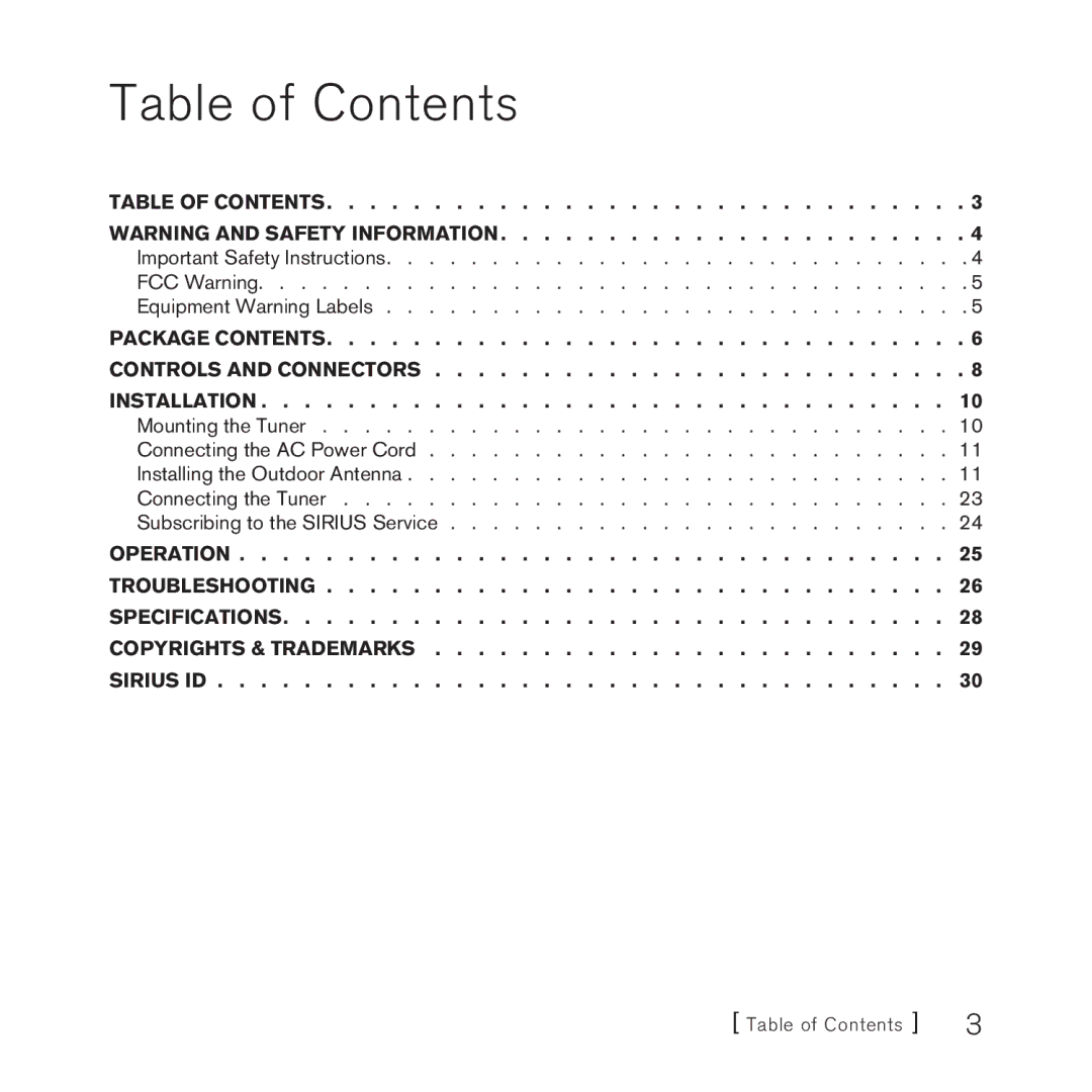 Sirius Satellite Radio SCH2P manual Table of Contents 