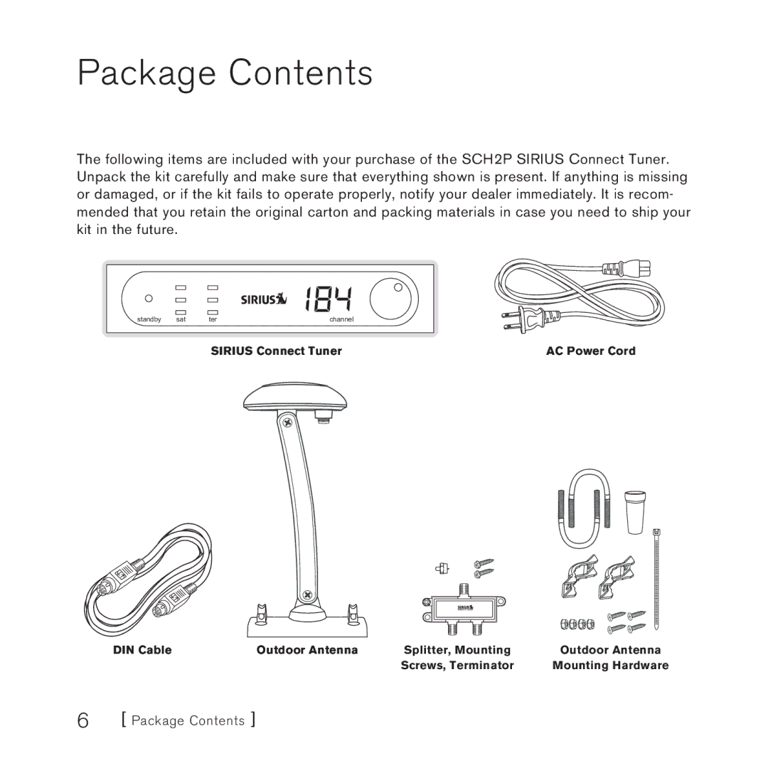 Sirius Satellite Radio SCH2P manual Package Contents 