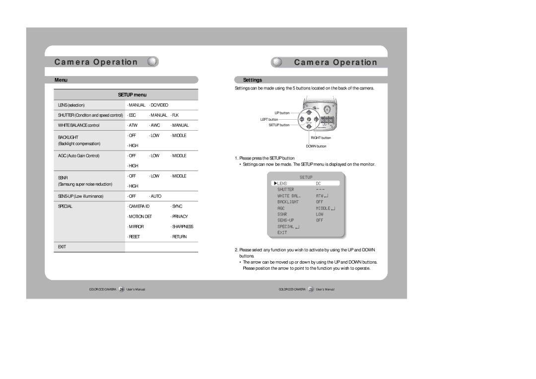 Sirius Satellite Radio SDC-313B user manual Camera Operation, Menu Setup menu, Settings, Please press the Setup button 