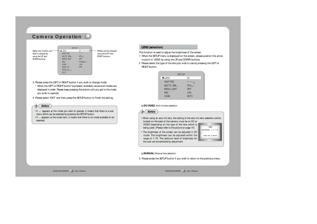 Sirius Satellite Radio SDC-313B user manual Lens selection, DC/VIDEO Auto iris lens selection 