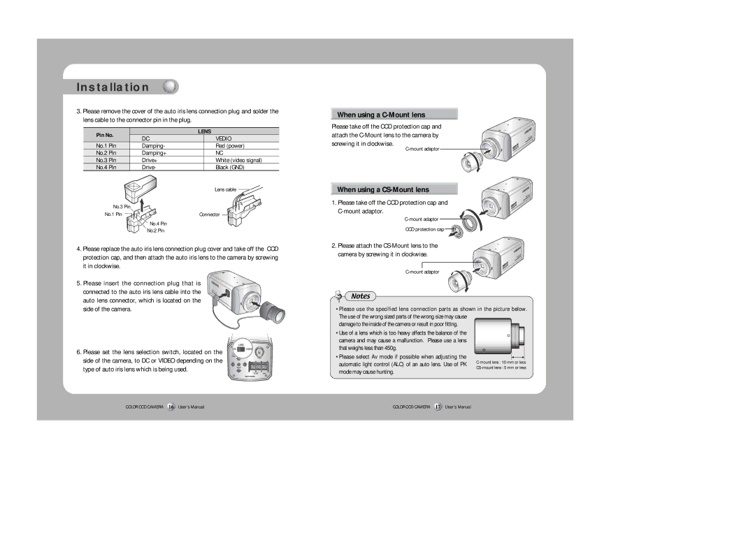 Sirius Satellite Radio SDC-313B user manual When using a C-Mount lens, When using a CS-Mount lens, Screwing it in clockwise 