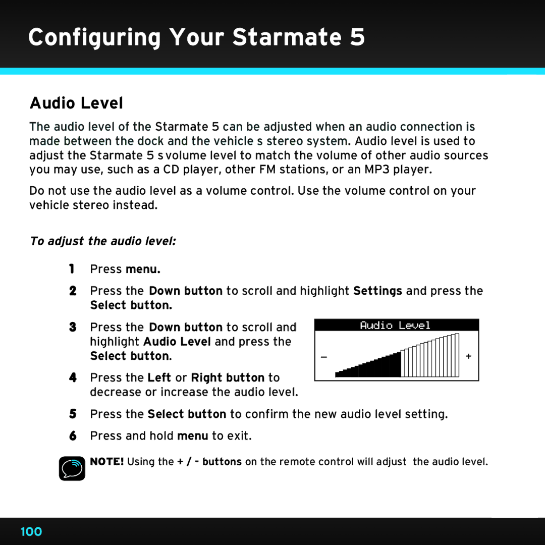 Sirius Satellite Radio SDST5V1 manual Audio Level, To adjust the audio level 