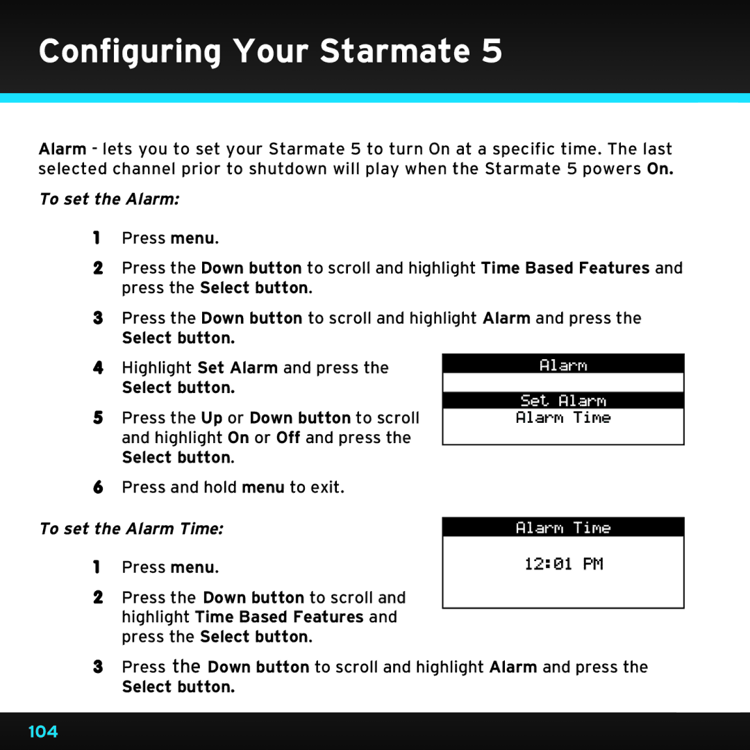 Sirius Satellite Radio SDST5V1 manual To set the Alarm Time 