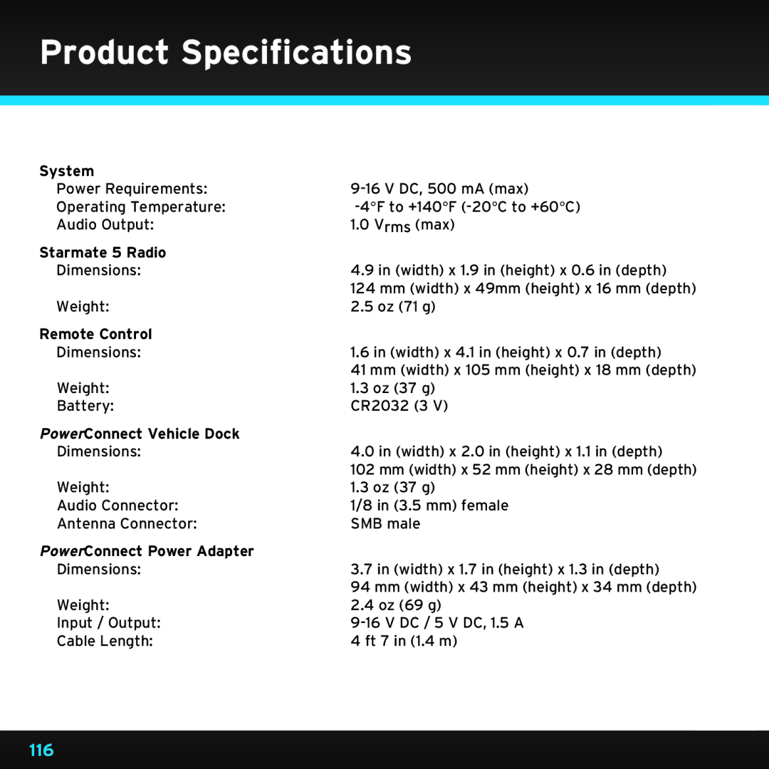 Sirius Satellite Radio SDST5V1 manual Product Specifications, System 