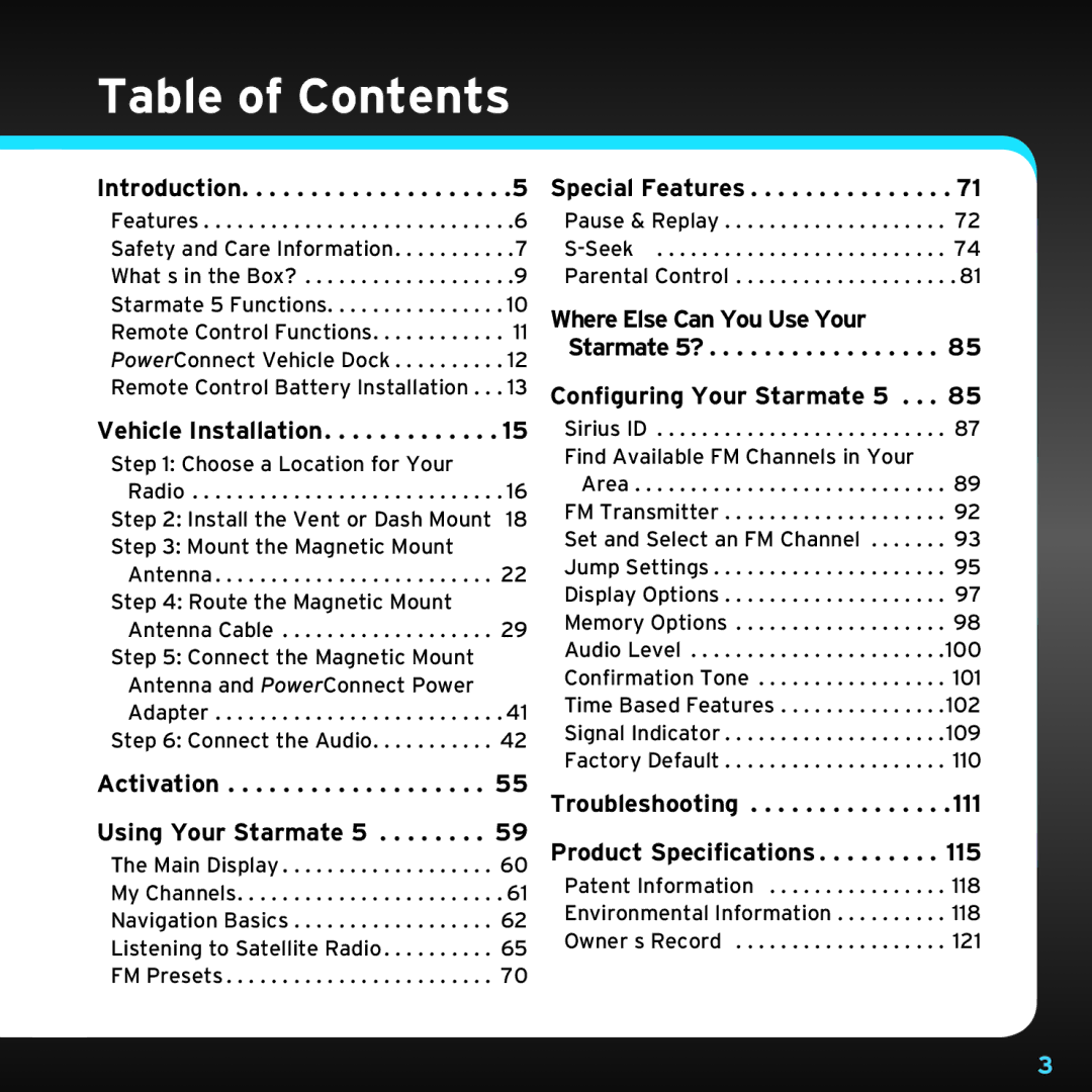 Sirius Satellite Radio SDST5V1 manual Table of Contents 