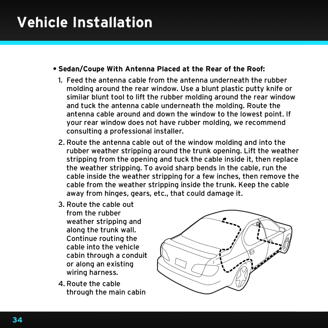 Sirius Satellite Radio SDST5V1 manual Sedan/Coupe With Antenna Placed at the Rear of the Roof 