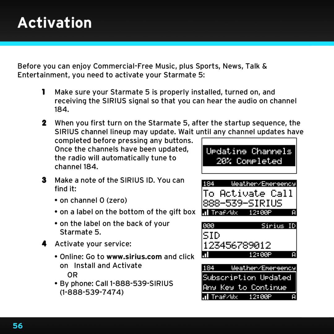 Sirius Satellite Radio SDST5V1 manual Activation 