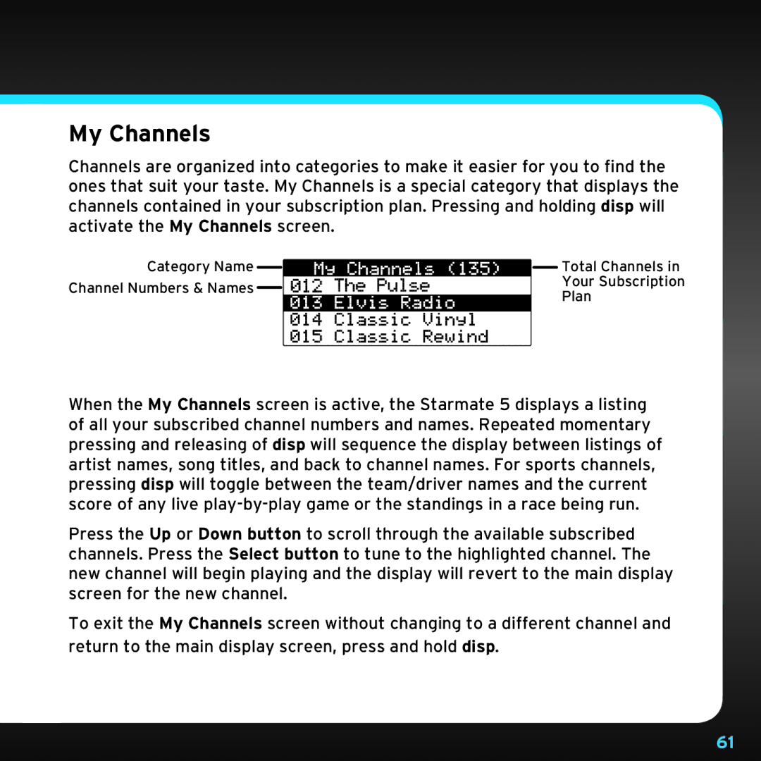 Sirius Satellite Radio SDST5V1 manual My Channels 