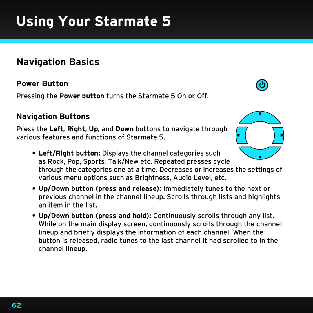 Sirius Satellite Radio SDST5V1 manual Navigation Basics, Power Button, Navigation Buttons 