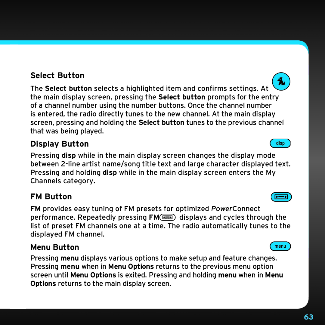 Sirius Satellite Radio SDST5V1 manual Select Button, Display Button, FM Button, Menu Button 