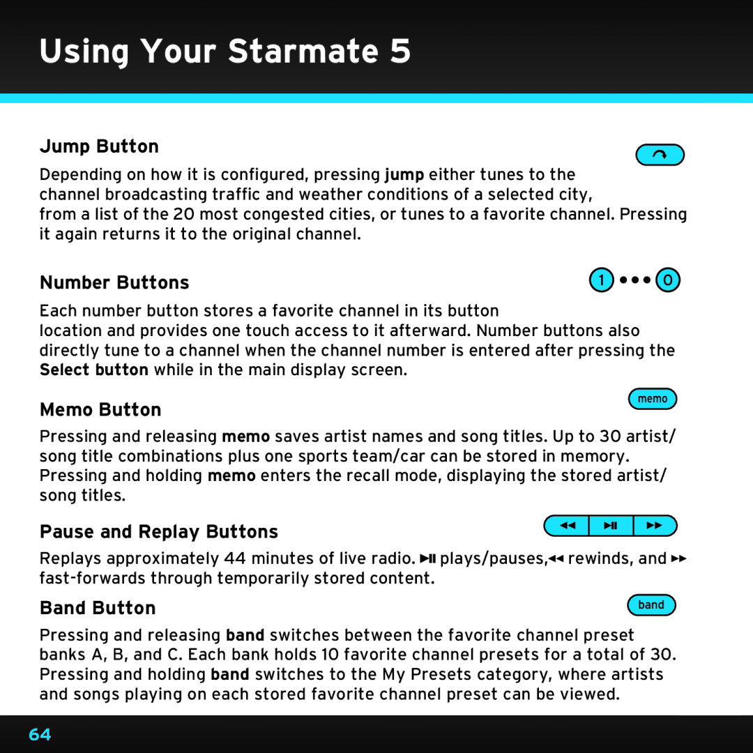 Sirius Satellite Radio SDST5V1 manual Jump Button, Number Buttons, Memo Button, Pause and Replay Buttons, Band Button 