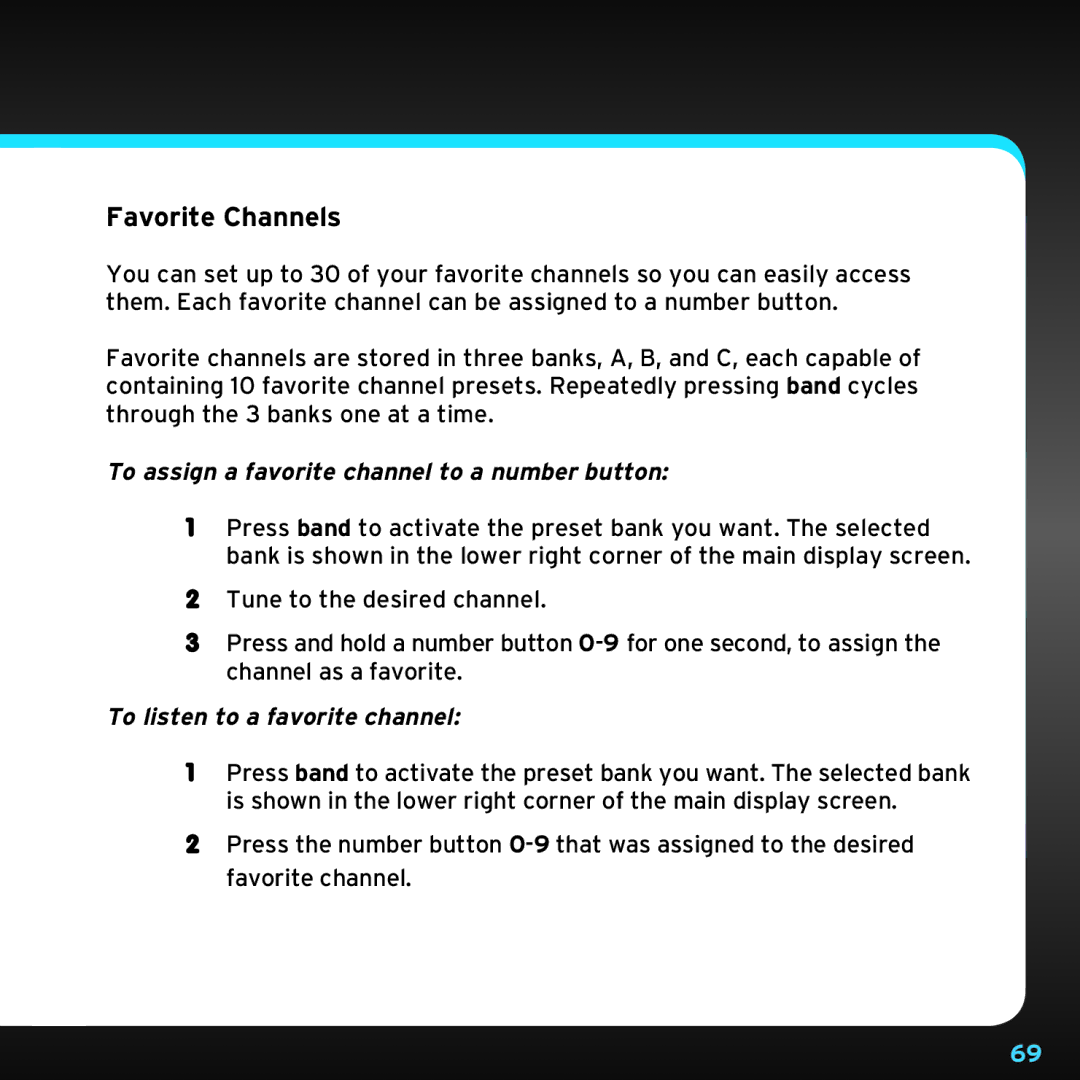 Sirius Satellite Radio SDST5V1 manual Favorite Channels, To assign a favorite channel to a number button 