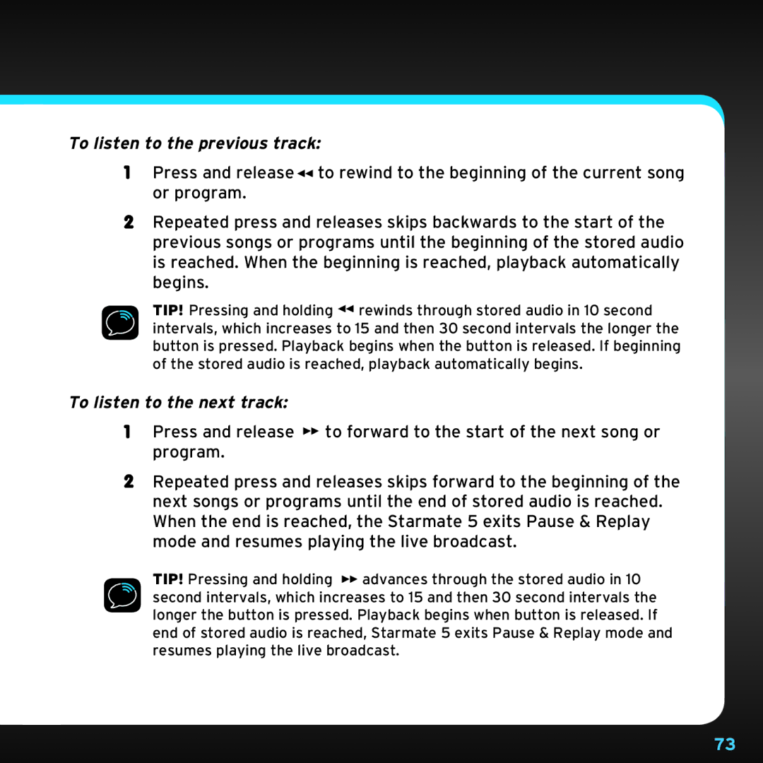 Sirius Satellite Radio SDST5V1 manual To listen to the previous track, To listen to the next track 