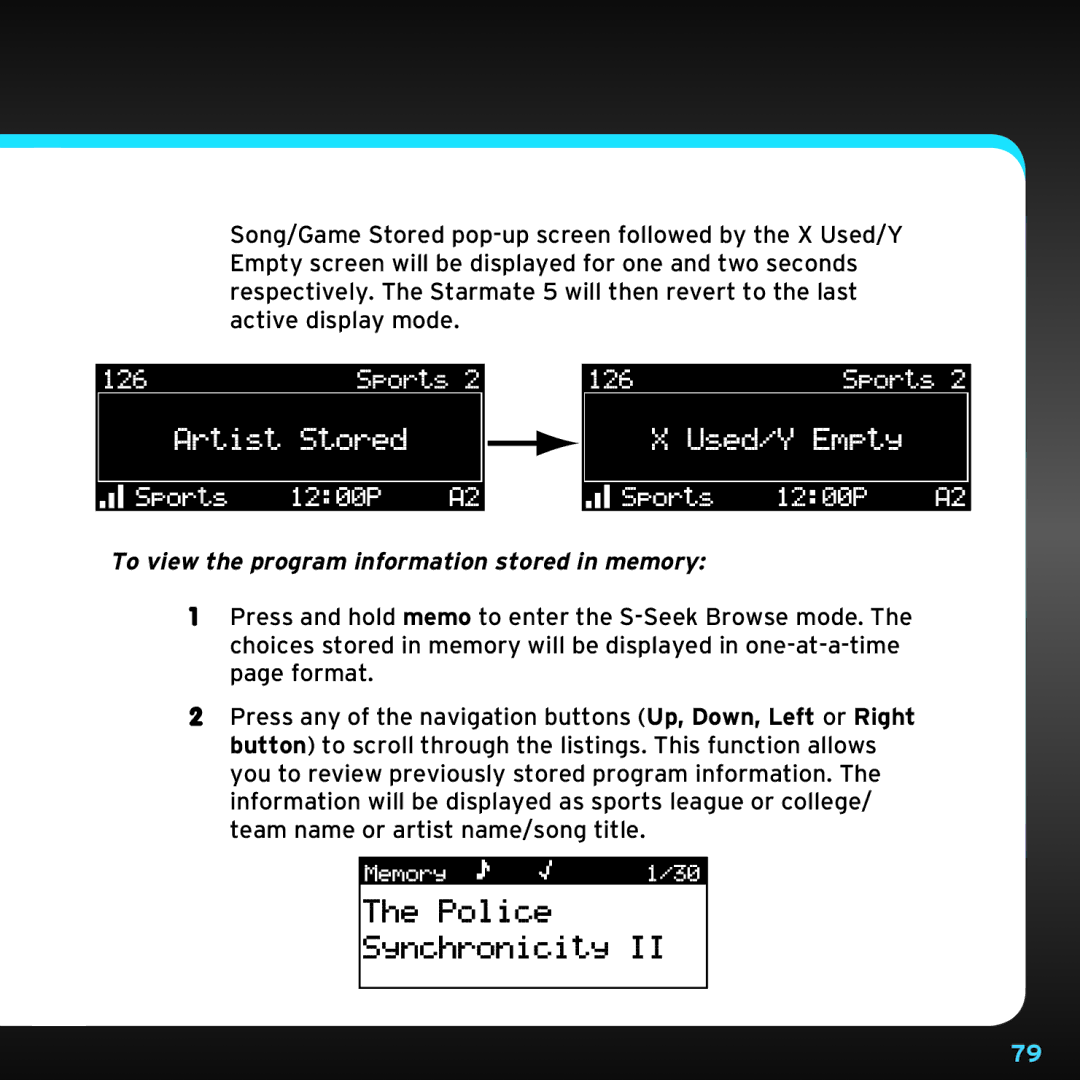 Sirius Satellite Radio SDST5V1 manual To view the program information stored in memory 