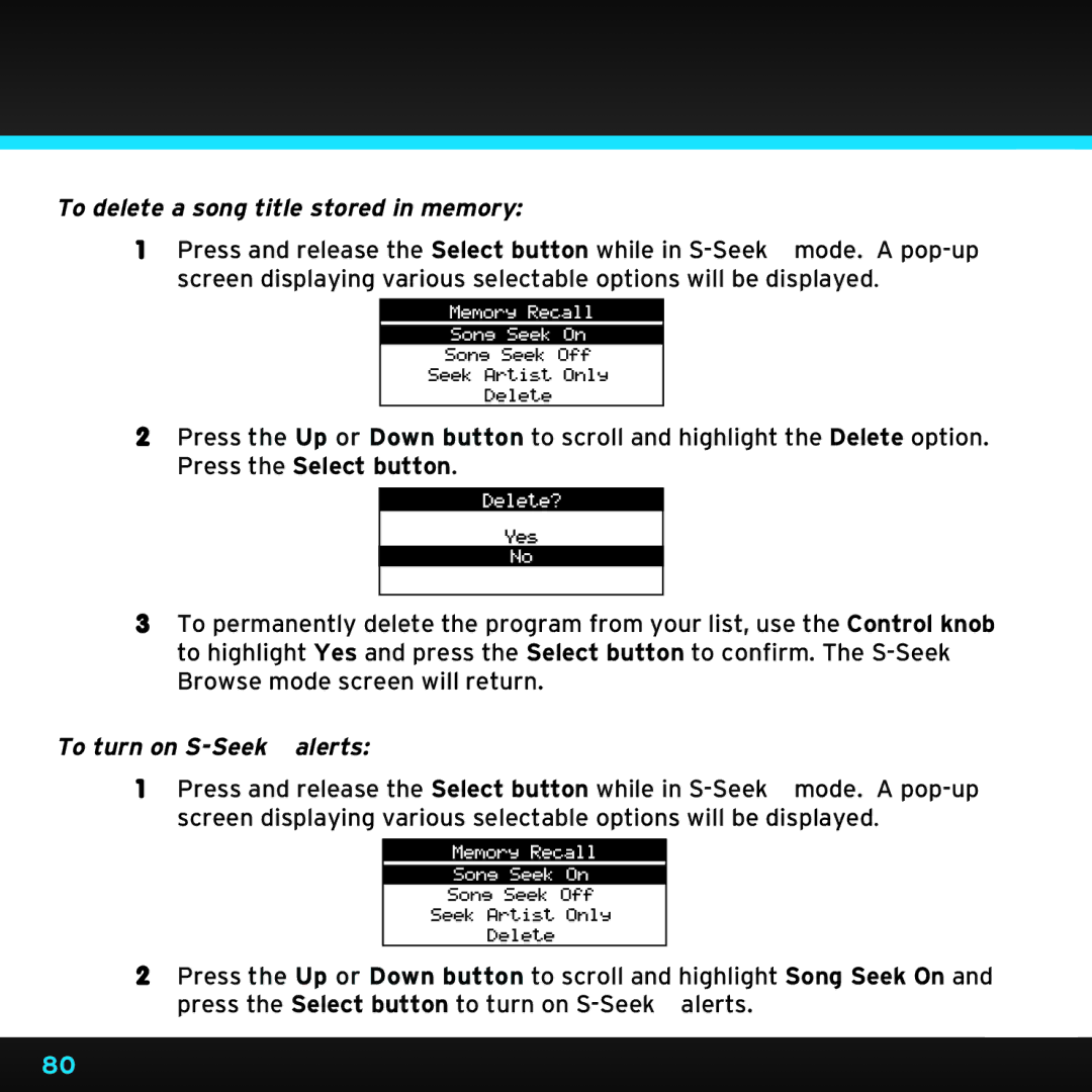 Sirius Satellite Radio SDST5V1 manual To delete a song title stored in memory, To turn on S-Seek alerts 