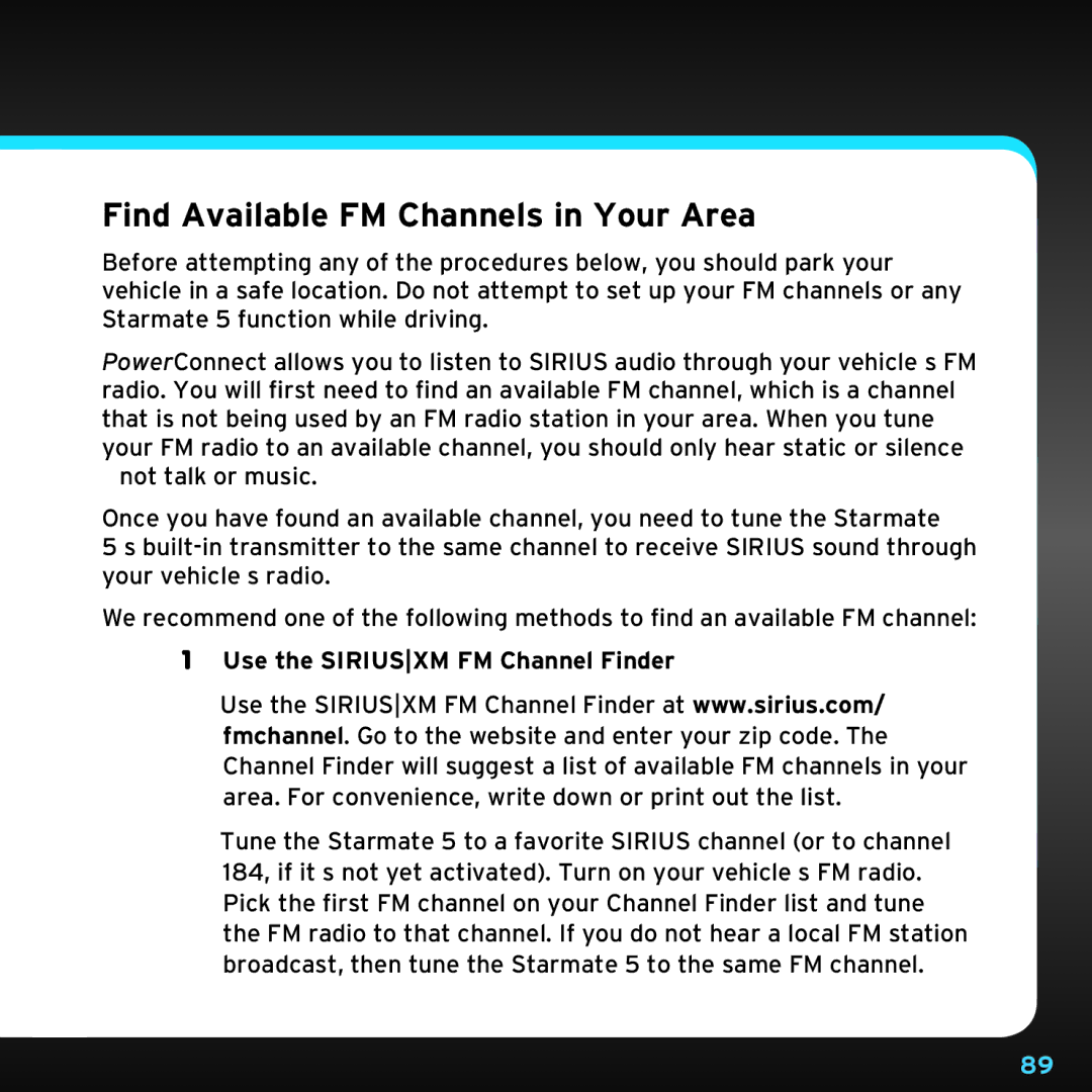 Sirius Satellite Radio SDST5V1 manual Find Available FM Channels in Your Area, Use the Siriusxm FM Channel Finder 