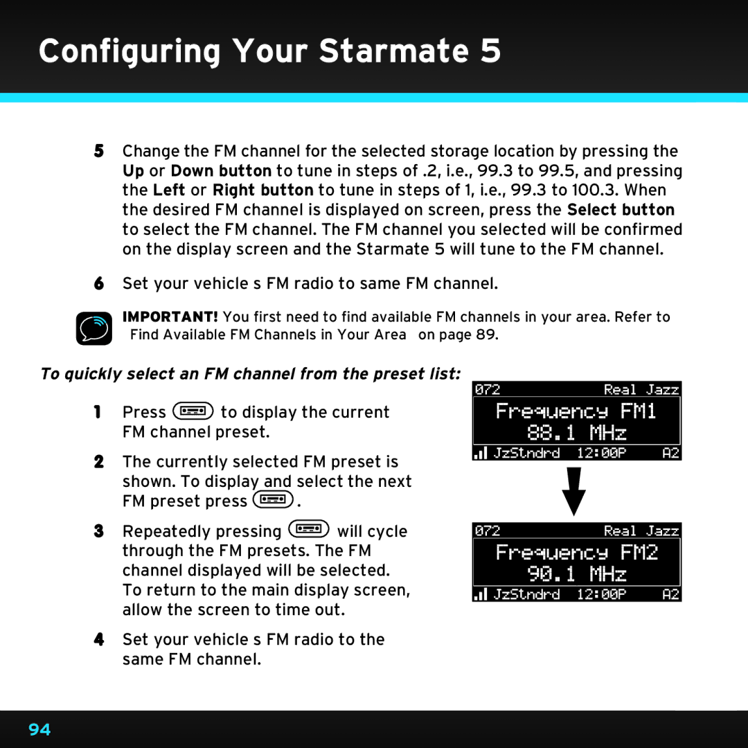 Sirius Satellite Radio SDST5V1 manual Set your vehicle’s FM radio to same FM channel 