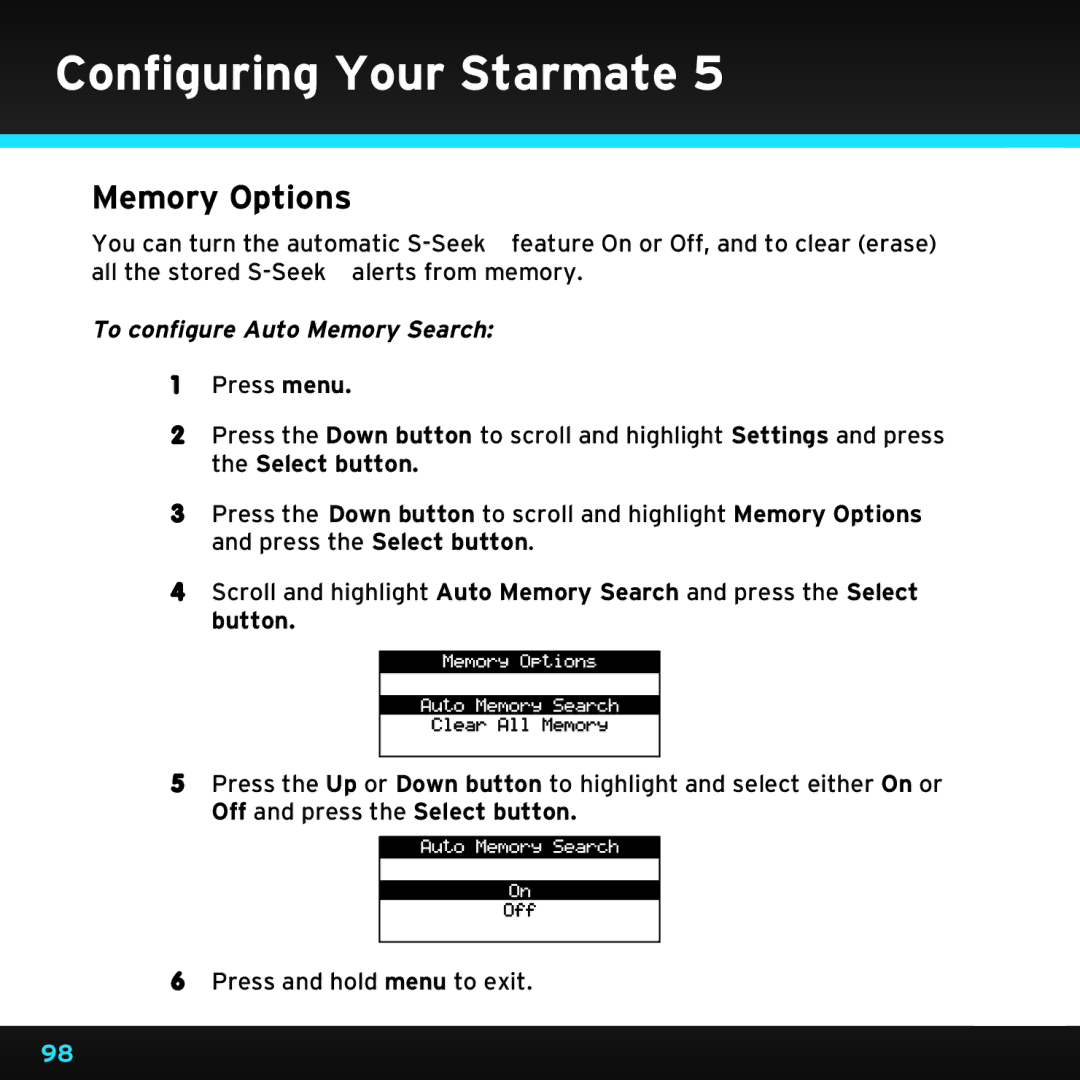 Sirius Satellite Radio SDST5V1 manual Memory Options, To configure Auto Memory Search 