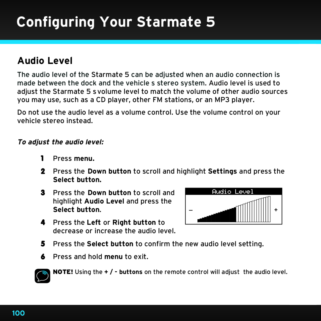 Sirius Satellite Radio SDST5V1 manual Audio Level, To adjust the audio level, Configuring Your Starmate, Select button 