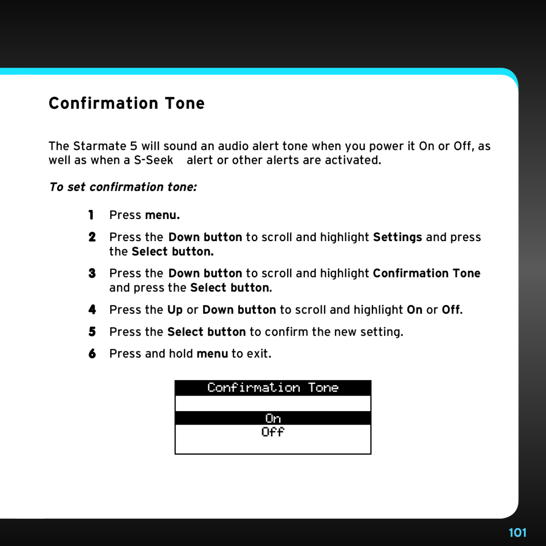 Sirius Satellite Radio SDST5V1 manual Confirmation Tone, To set confirmation tone 
