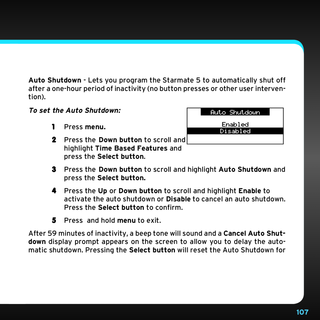 Sirius Satellite Radio SDST5V1 manual To set the Auto Shutdown, Press menu 