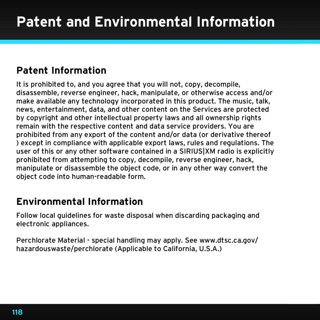 Sirius Satellite Radio SDST5V1 manual Patent and Environmental Information, Patent Information 