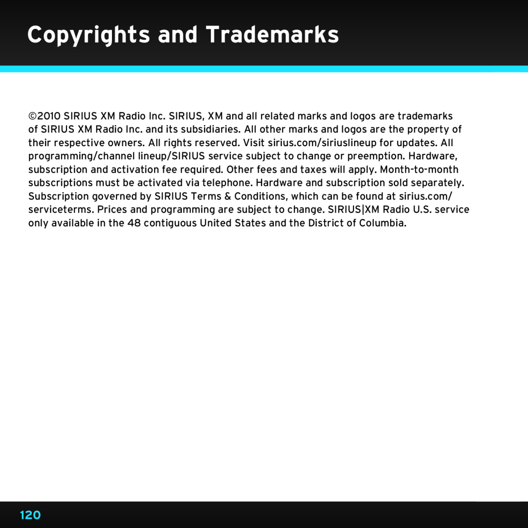 Sirius Satellite Radio SDST5V1 manual Copyrights and Trademarks 