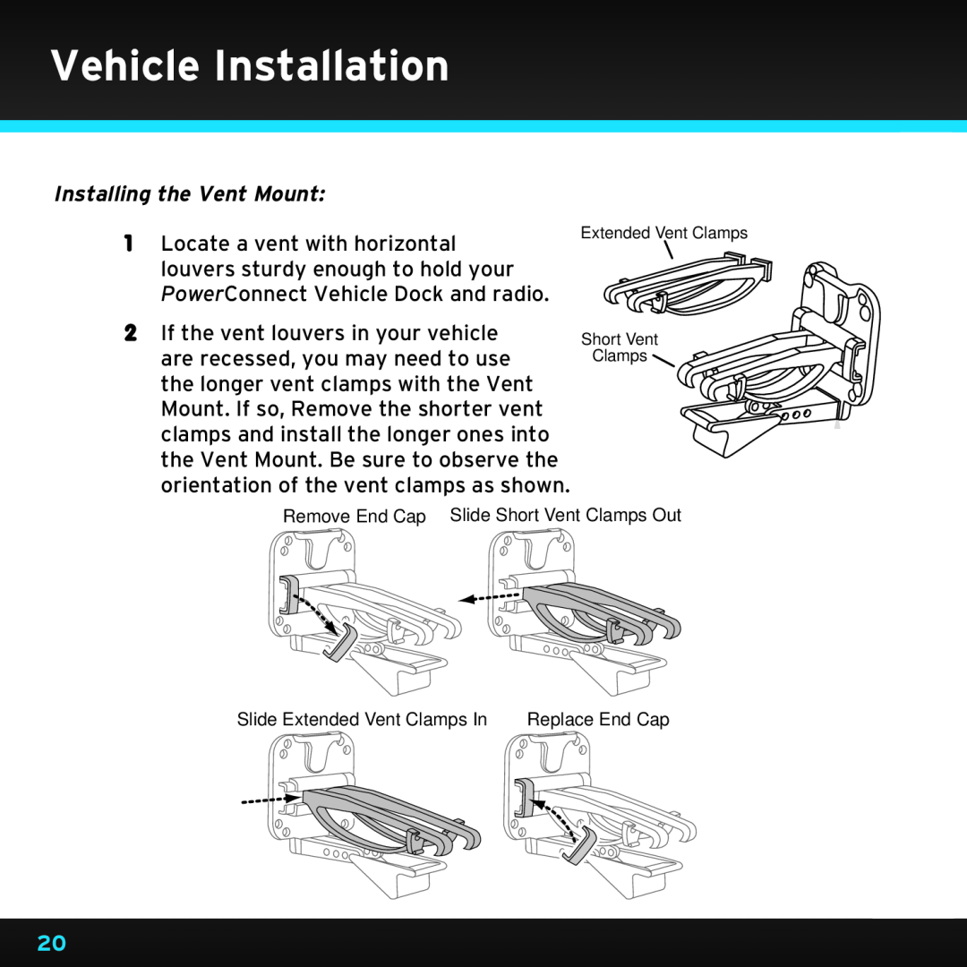Sirius Satellite Radio SDST5V1 manual Installing the Vent Mount, Locate a vent with horizontal, Vehicle Installation 