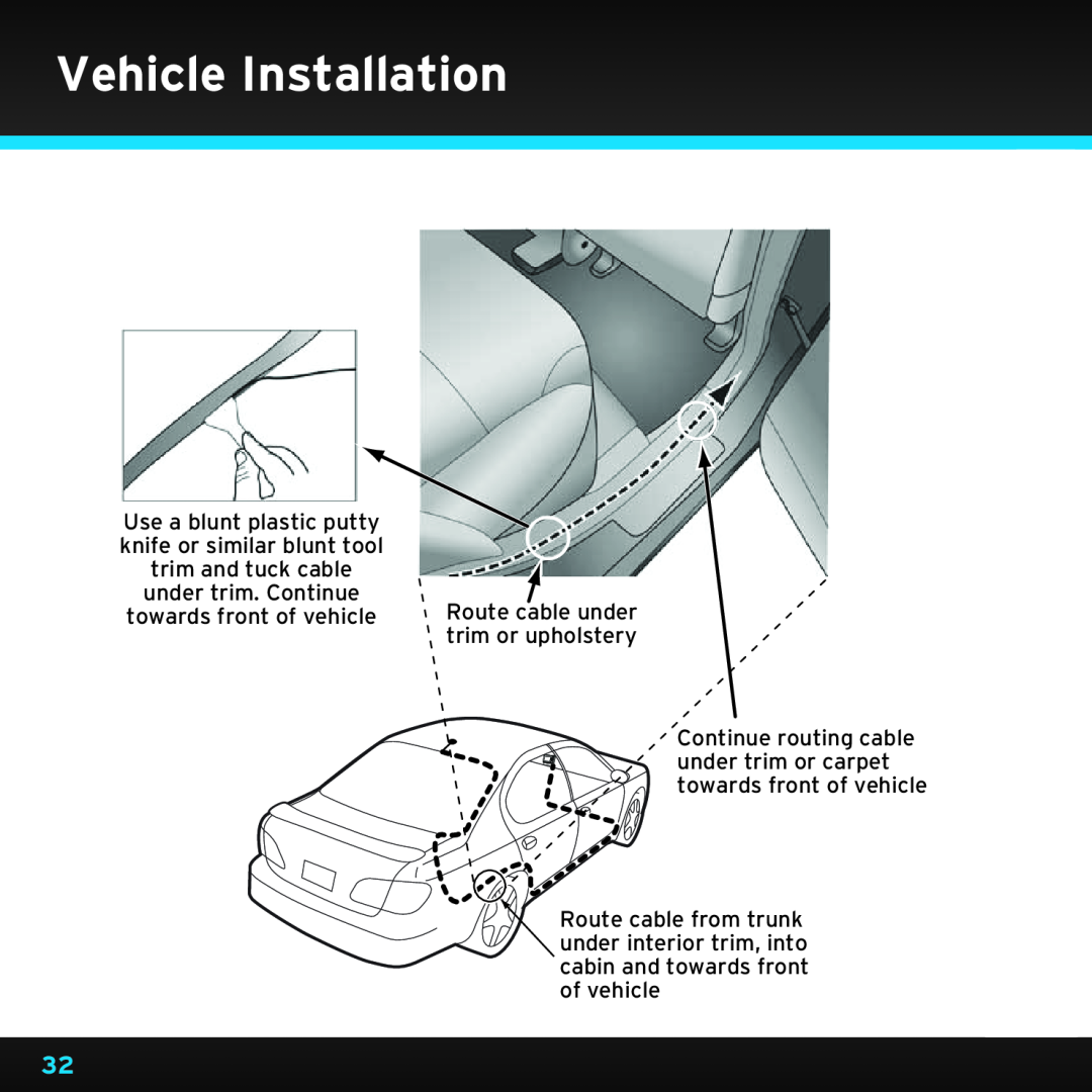 Sirius Satellite Radio SDST5V1 manual Vehicle Installation, Route cable under trim or upholstery 